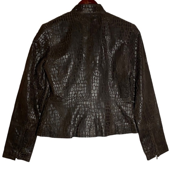Alfani Petite Brown Leather Jacket Crew Neck Snake Skin Pockets Peplum PP - Picture 2 of 16